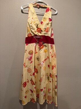 Yellow Halter Floral Midi Dress with Red Waistband
